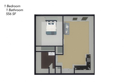 Floor plan for 1 bed, 1 bath, 556 sqft